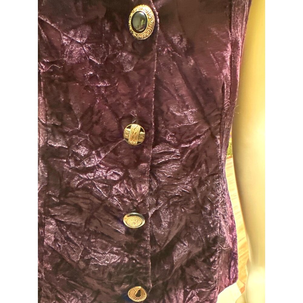 Clio Velvet Satin Sleeveless Vest Button Front Black Purple Size M - Picture 5 of 9